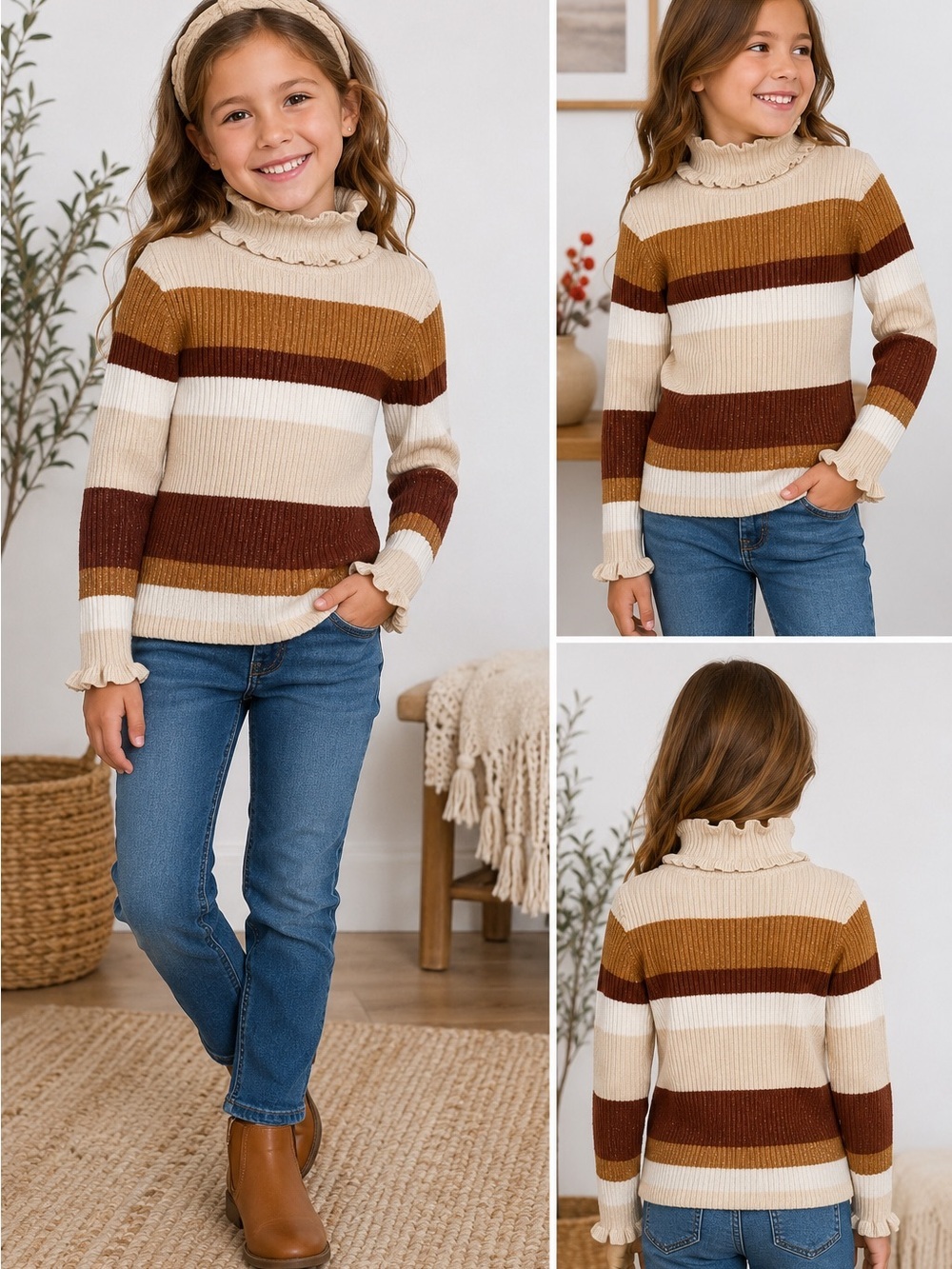 Tommy Bahama Girls' Striped Ruffle Turtleneck Sweater - Cream, Tan & Brown